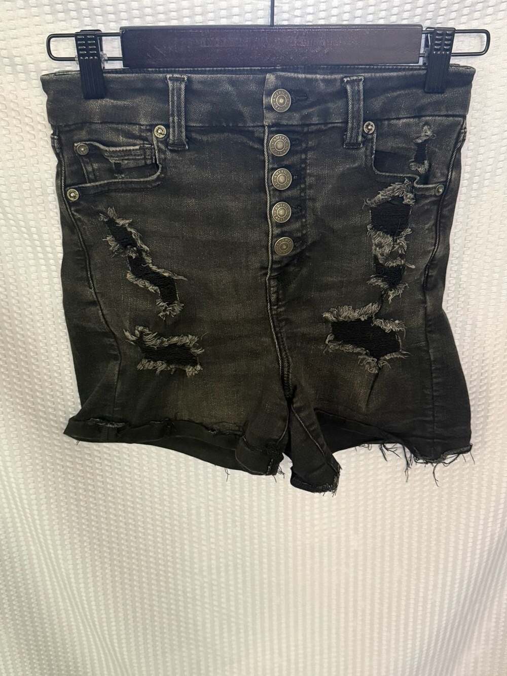 American Eagle Curvy Super Hi-Rise Shortie Distressed Button Fly Denim Shorts Si